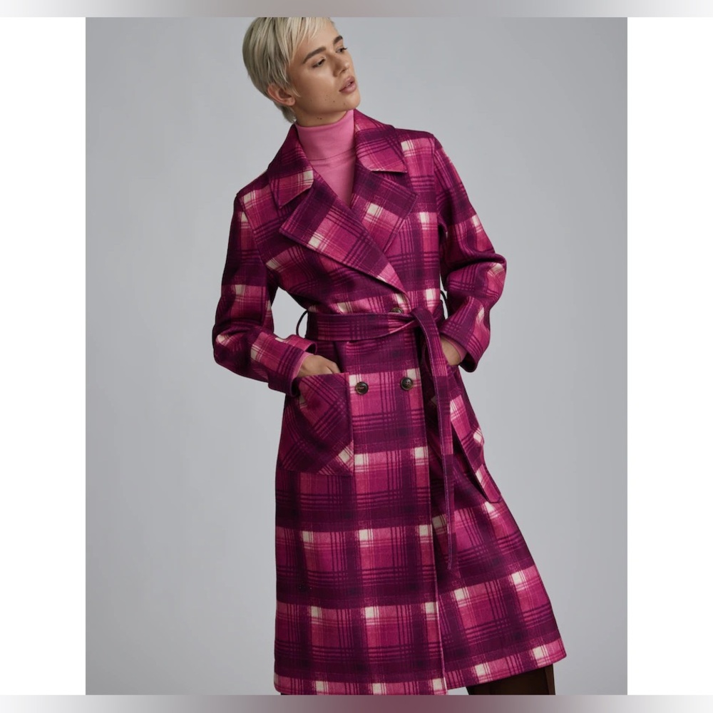 Nwt Anthropologie‎ belted trench coat  plaid  nwt fuchsia plaid